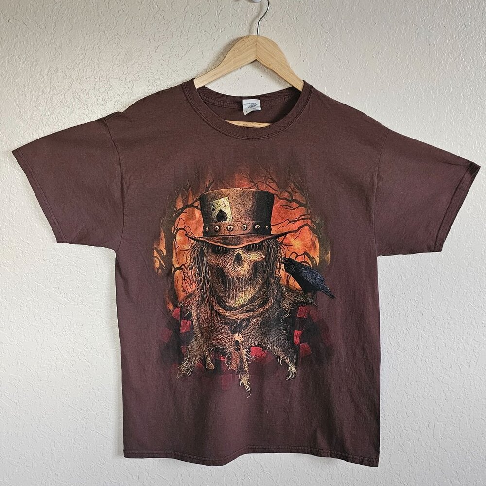 Scarecrow Skull Evil Graphic T-Shirt Halloween Design Brown HD Cotton L